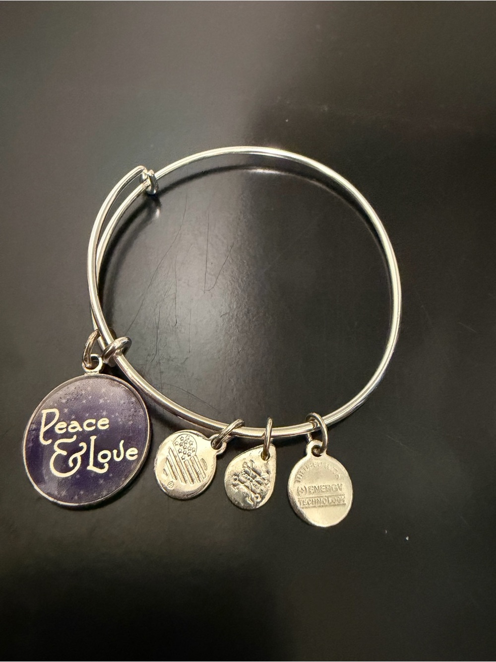 Alex and Ani Peace & Love Purple Charm Silver Tone Bangle Bracelet 2016